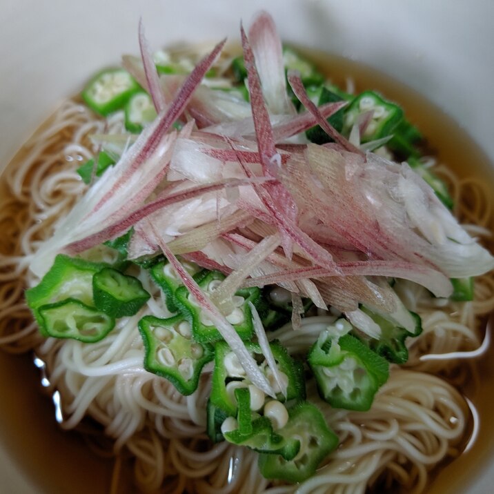 おくら、ミョウガの生姜風味ぶっかけ素麺